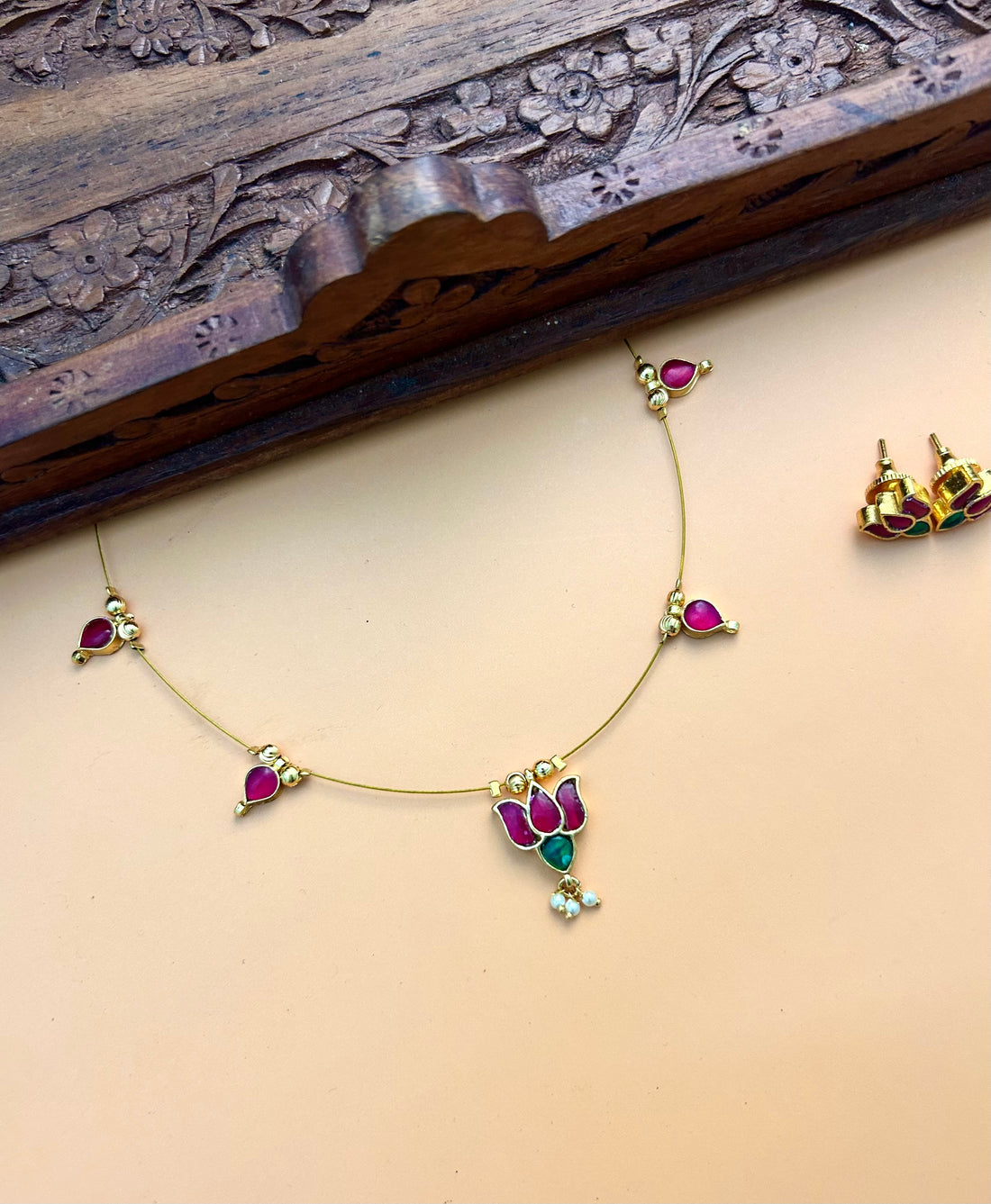 Pink Green Lotus Neckpiece Set