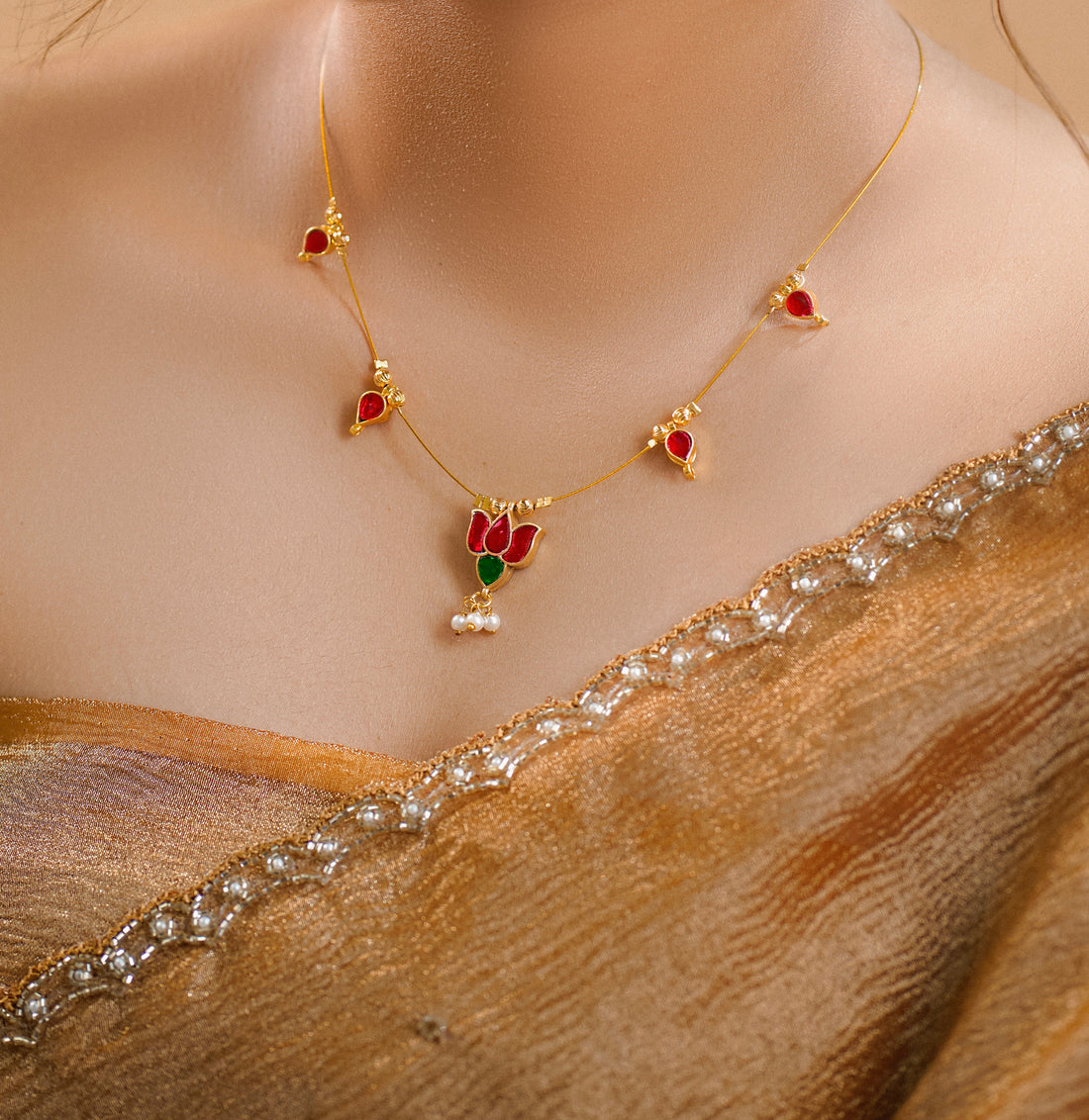 Lotus Neckpiece With Charms - Medium