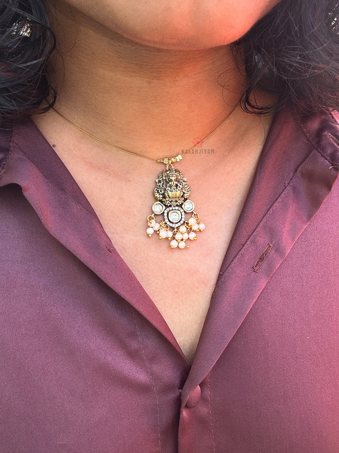 Embossed Lakshmi Pendant With Pearls